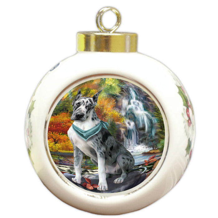 Scenic Waterfall Great Dane Dog Round Ball Christmas Ornament RBPOR50166