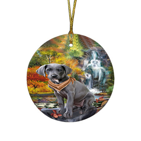 Scenic Waterfall Great Dane Dog Round Flat Christmas Ornament RFPOR50158