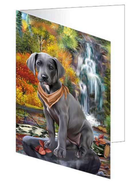 Scenic Waterfall Great Dane Dog Handmade Artwork Assorted Pets Greeting Cards and Note Cards with Envelopes for All Occasions and Holiday Seasons GCD54530