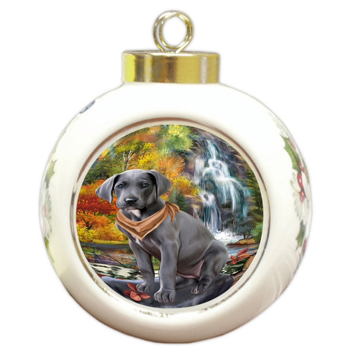 Scenic Waterfall Great Dane Dog Round Ball Christmas Ornament RBPOR50167