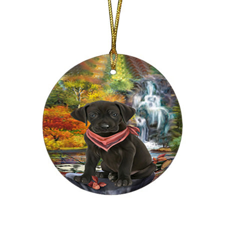 Scenic Waterfall Great Dane Dog Round Flat Christmas Ornament RFPOR50159