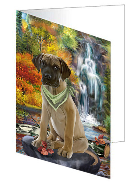 Scenic Waterfall Great Dane Dog Handmade Artwork Assorted Pets Greeting Cards and Note Cards with Envelopes for All Occasions and Holiday Seasons GCD54536