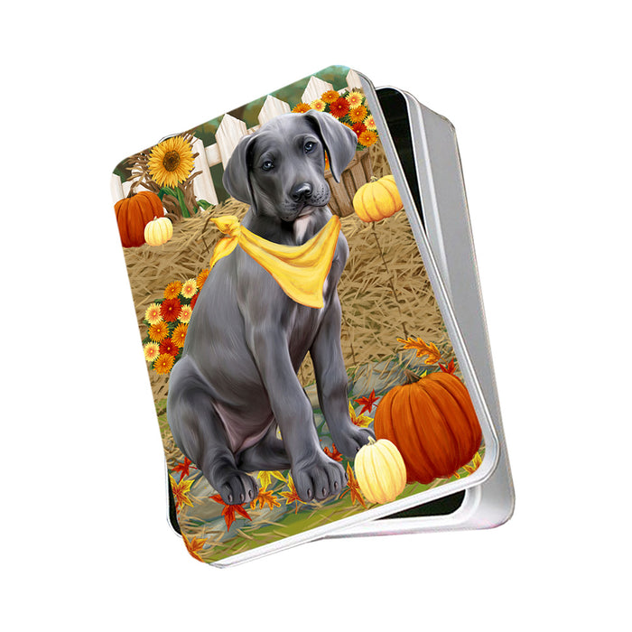 Fall Autumn Greeting Great Dane Dog with Pumpkins Photo Storage Tin PITN50761