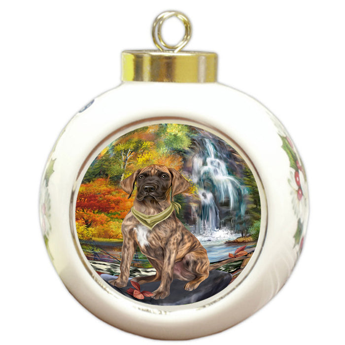 Scenic Waterfall Great Dane Dog Round Ball Christmas Ornament RBPOR50170