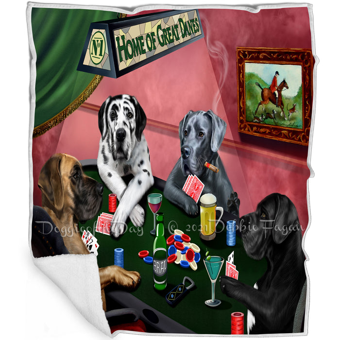 Home of Great Danes 4 Dogs Playing Poker Blanket