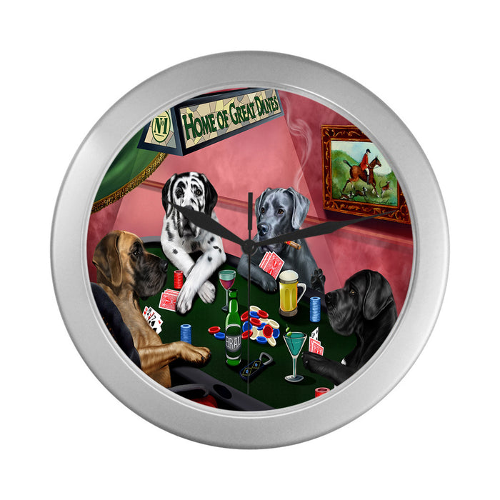 Home of Great Dane Dogs Playing Poker Silver Wall Clocks