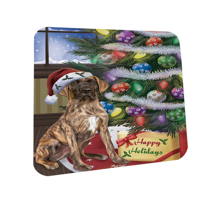 Christmas Happy Holidays Great Dane Dog with Tree and Presents Coasters Set of 4 CST53789
