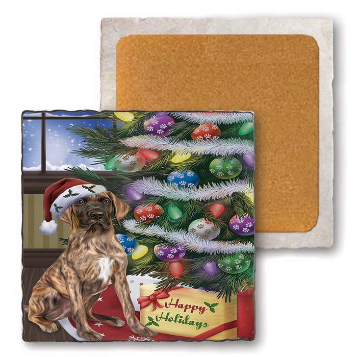 Christmas Happy Holidays Great Dane Dog with Tree and Presents Set of 4 Natural Stone Marble Tile Coasters MCST48831