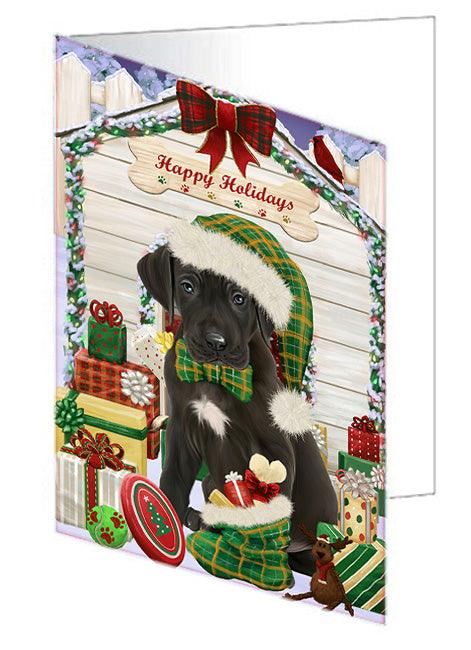 Happy Holidays Christmas Great Dane Dog House with Presents Handmade Artwork Assorted Pets Greeting Cards and Note Cards with Envelopes for All Occasions and Holiday Seasons GCD58301