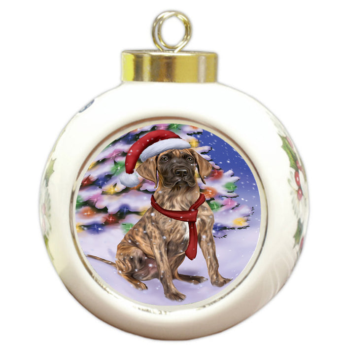 Winterland Wonderland Great Dane Dog In Christmas Holiday Scenic Background  Round Ball Christmas Ornament RBPOR53392