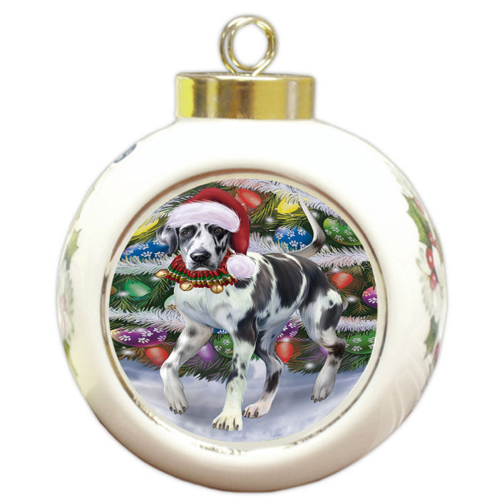 Trotting in the Snow Great Dane Dog Round Ball Christmas Ornament RBPOR57009