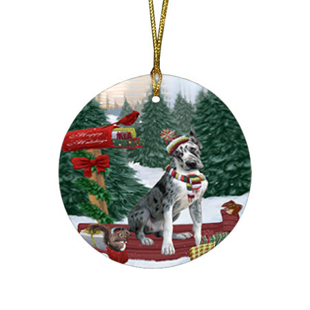 Merry Christmas Woodland Sled Great Dane Dog Round Flat Christmas Ornament RFPOR55295