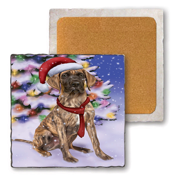 Winterland Wonderland Great Dane Dog In Christmas Holiday Scenic Background  Set of 4 Natural Stone Marble Tile Coasters MCST48392