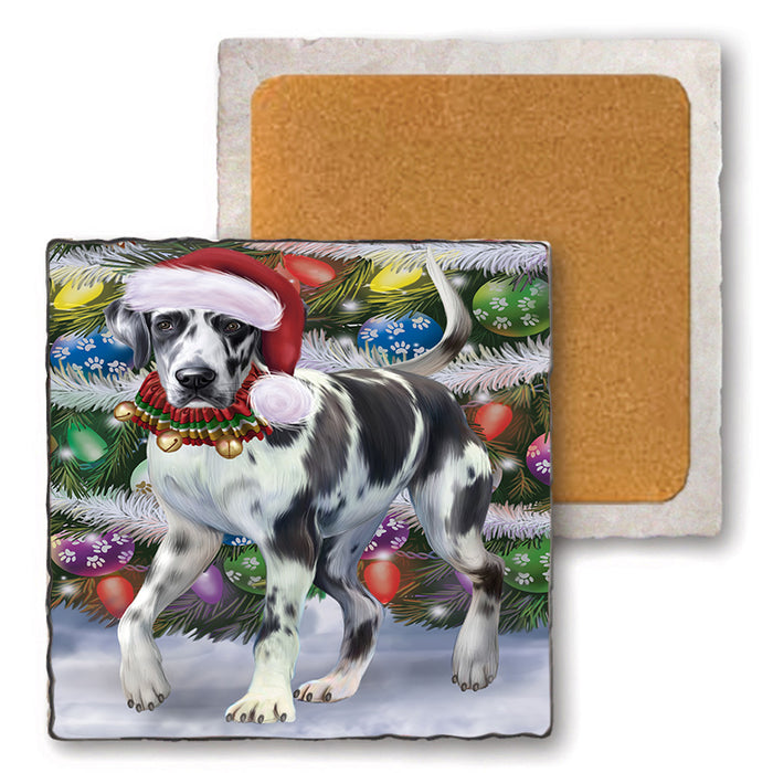 Trotting in the Snow Great Dane Dog Set of 4 Natural Stone Marble Tile Coasters MCST51653