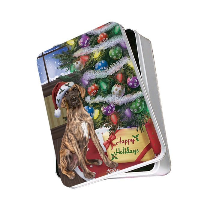 Christmas Happy Holidays Great Dane Dog with Tree and Presents Photo Storage Tin PITN53774