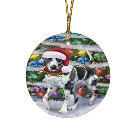 Trotting in the Snow Great Dane Dog Round Flat Christmas Ornament RFPOR57009