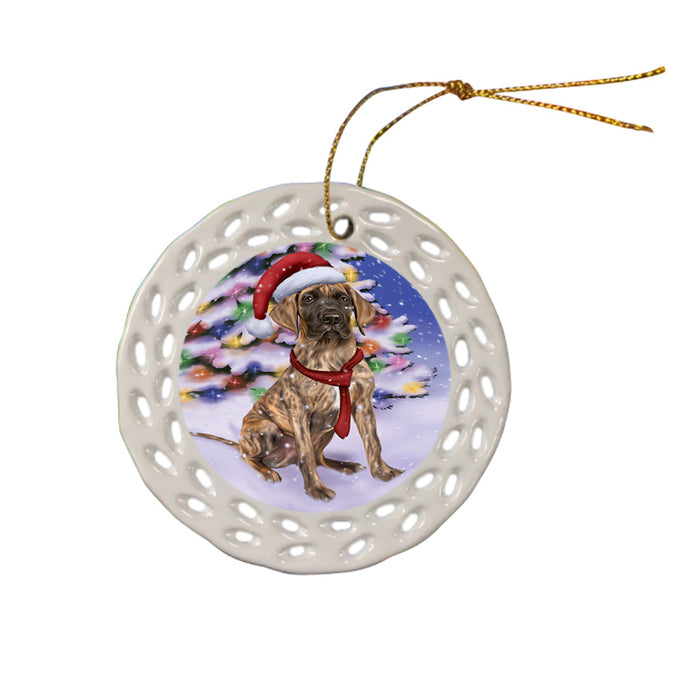Winterland Wonderland Great Dane Dog In Christmas Holiday Scenic Background  Ceramic Doily Ornament DPOR53392