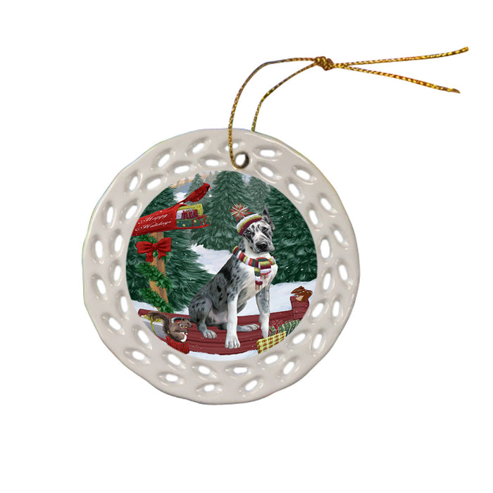 Merry Christmas Woodland Sled Great Dane Dog Ceramic Doily Ornament DPOR55295