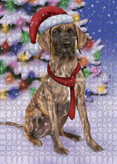 Winterland Wonderland Great Dane Dog In Christmas Holiday Scenic Background Puzzle with Photo Tin PUZL80724