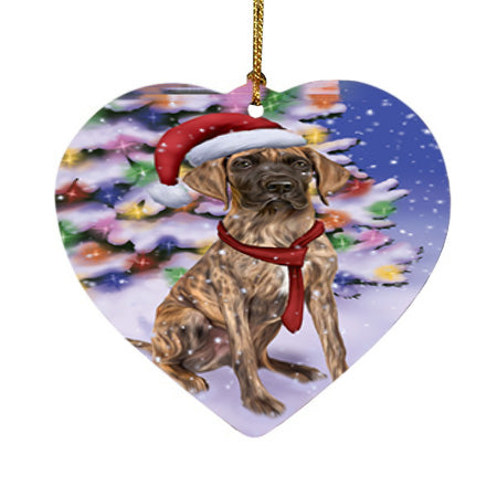 Winterland Wonderland Great Dane Dog In Christmas Holiday Scenic Background  Heart Christmas Ornament HPOR53392