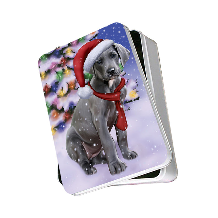 Winterland Wonderland Great Dane Dog In Christmas Holiday Scenic Background Photo Storage Tin PITN53393