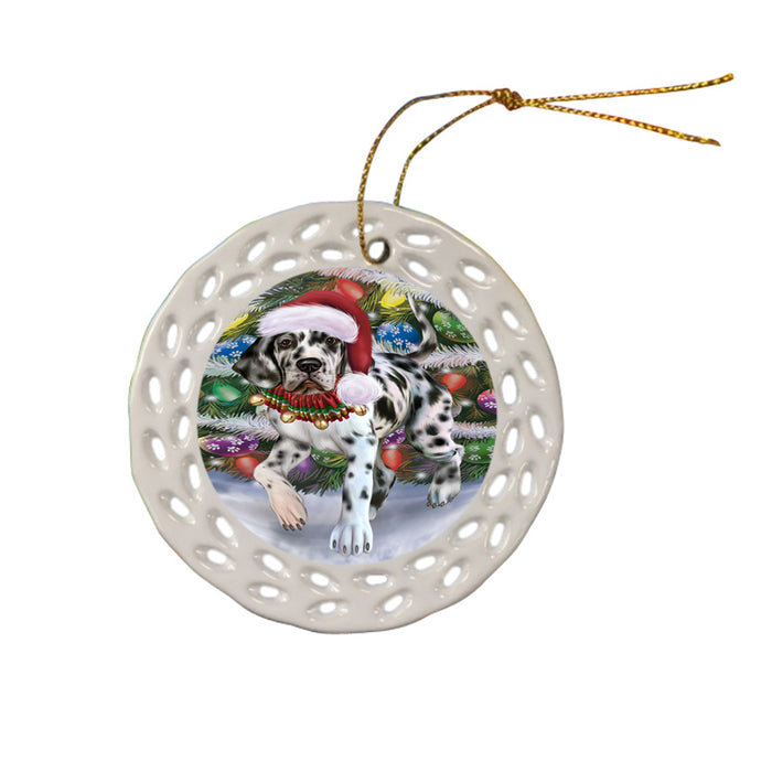 Trotting in the Snow Great Dane Dog Ceramic Doily Ornament DPOR57010