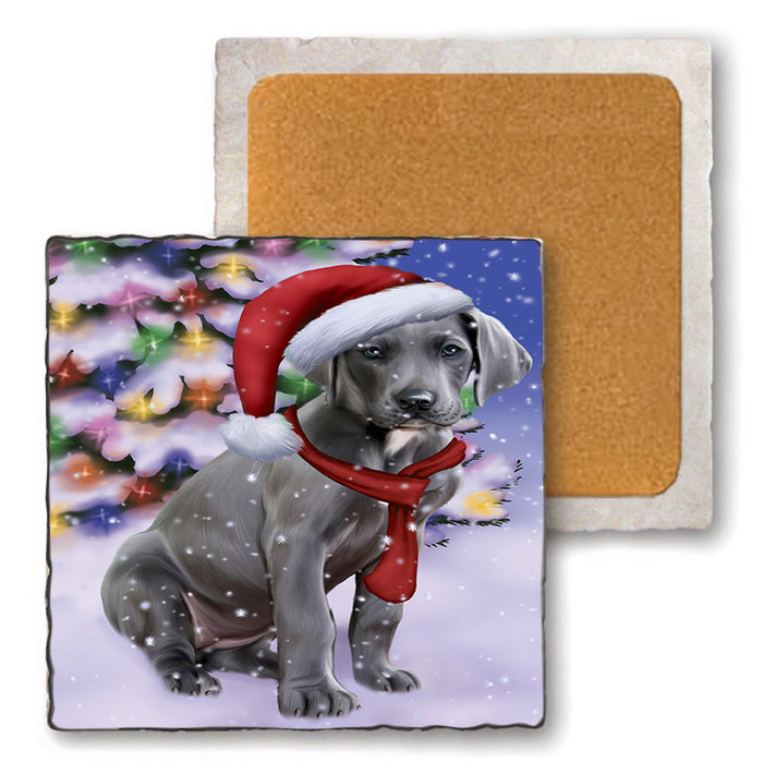 Winterland Wonderland Great Dane Dog In Christmas Holiday Scenic Background  Set of 4 Natural Stone Marble Tile Coasters MCST48393