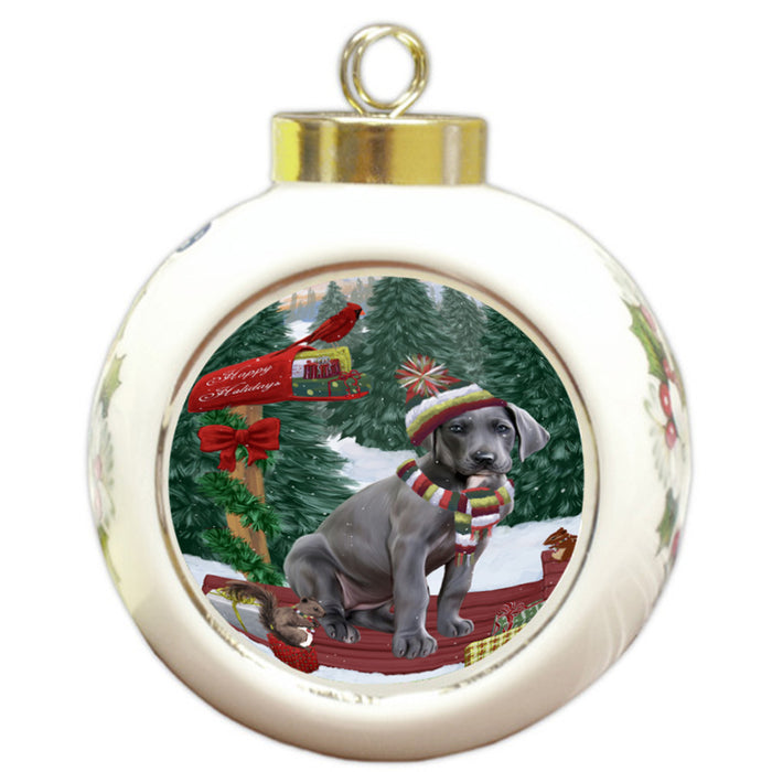 Merry Christmas Woodland Sled Great Dane Dog Round Ball Christmas Ornament RBPOR55296