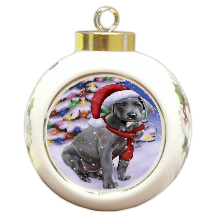 Winterland Wonderland Great Dane Dog In Christmas Holiday Scenic Background  Round Ball Christmas Ornament RBPOR53393