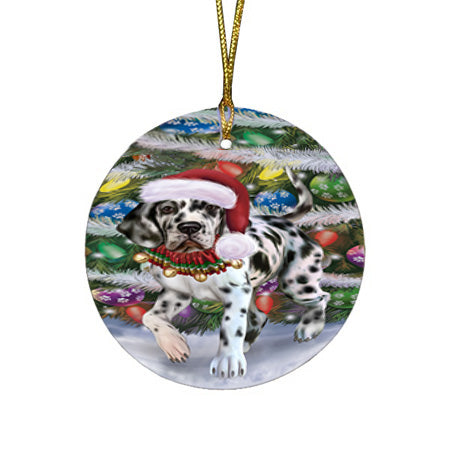 Trotting in the Snow Great Dane Dog Round Flat Christmas Ornament RFPOR57010