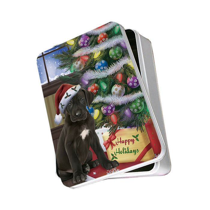 Christmas Happy Holidays Great Dane Dog with Tree and Presents Photo Storage Tin PITN53775
