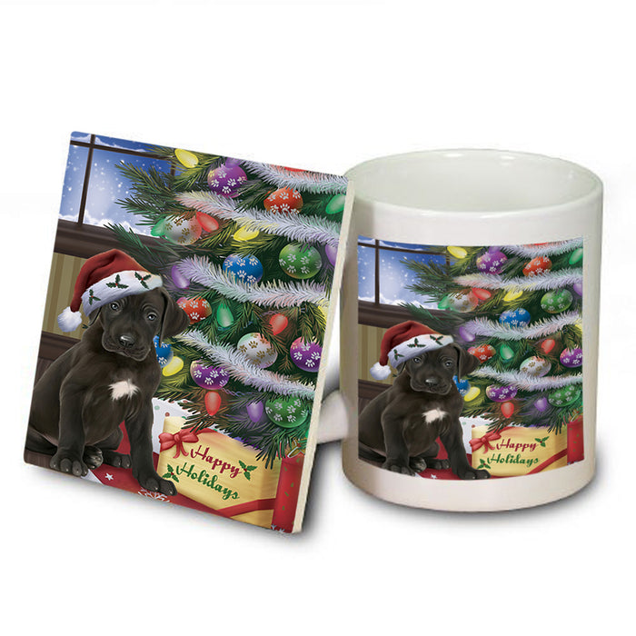 Christmas Happy Holidays Great Dane Dog with Tree and Presents Mug and Coaster Set MUC53824