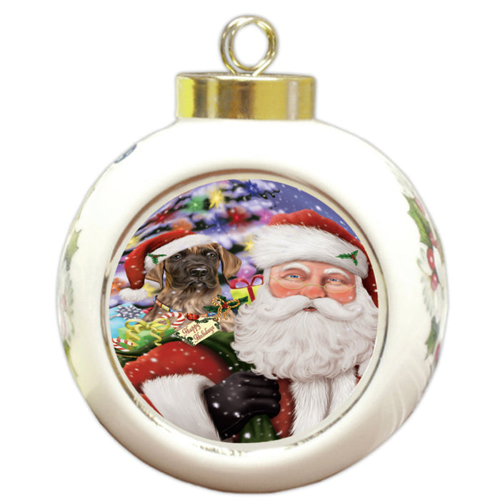 Santa Carrying Great Dane Dog and Christmas Presents Round Ball Christmas Ornament RBPOR53990