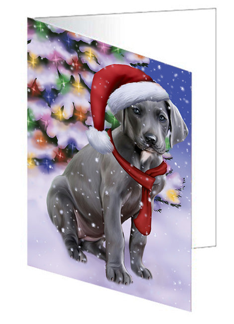 Winterland Wonderland Great Dane Dog In Christmas Holiday Scenic Background  Handmade Artwork Assorted Pets Greeting Cards and Note Cards with Envelopes for All Occasions and Holiday Seasons GCD64208