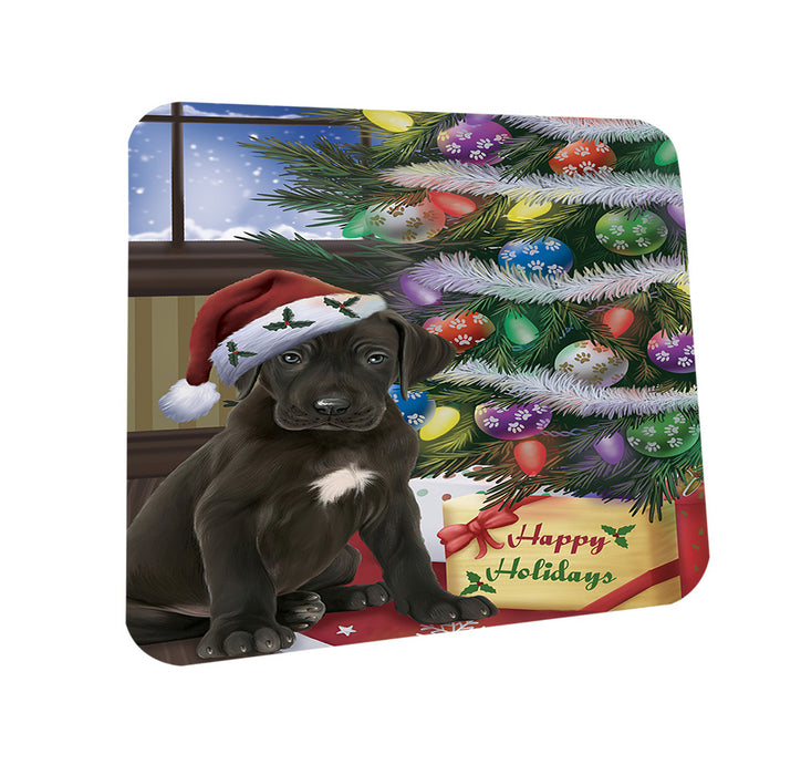 Christmas Happy Holidays Great Dane Dog with Tree and Presents Coasters Set of 4 CST53790
