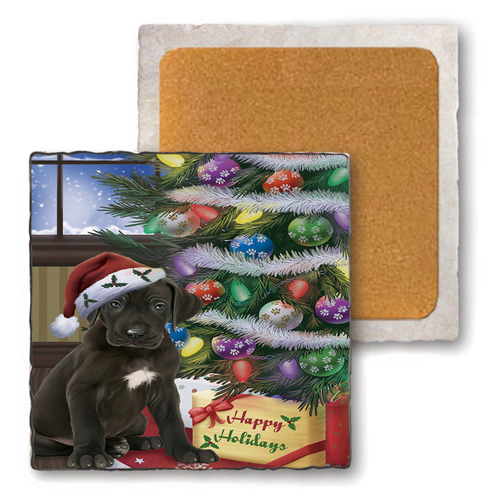 Christmas Happy Holidays Great Dane Dog with Tree and Presents Set of 4 Natural Stone Marble Tile Coasters MCST48832