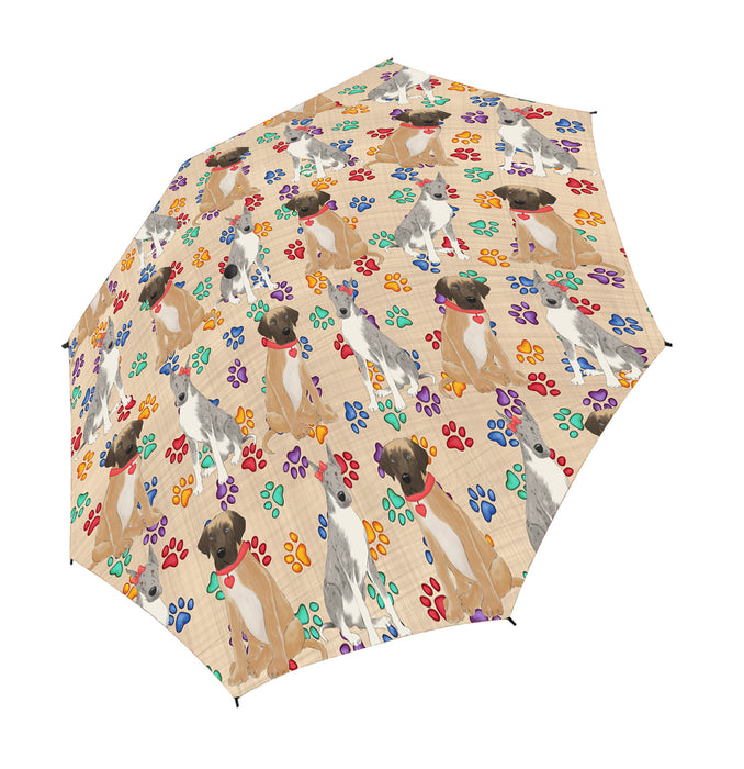Rainbow Paw Print Great Dane Dogs Red Semi-Automatic Foldable Umbrella