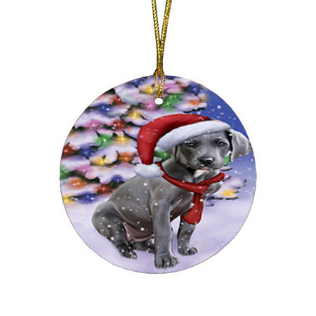 Winterland Wonderland Great Dane Dog In Christmas Holiday Scenic Background  Round Flat Christmas Ornament RFPOR53384