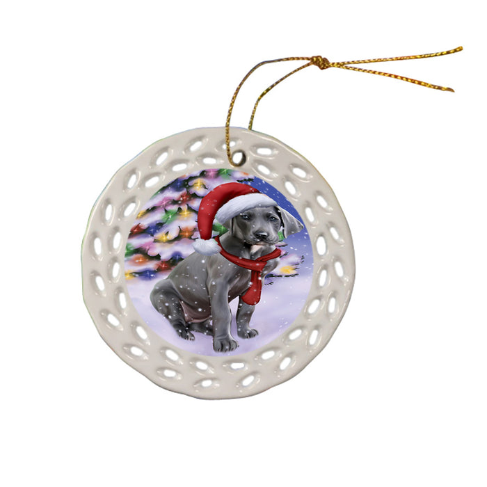 Winterland Wonderland Great Dane Dog In Christmas Holiday Scenic Background  Ceramic Doily Ornament DPOR53393