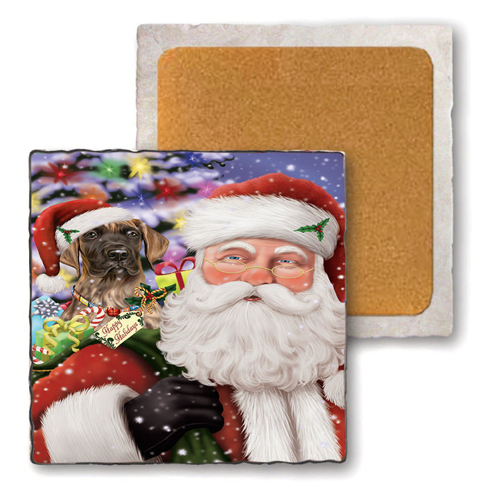 Santa Carrying Great Dane Dog and Christmas Presents Set of 4 Natural Stone Marble Tile Coasters MCST48990