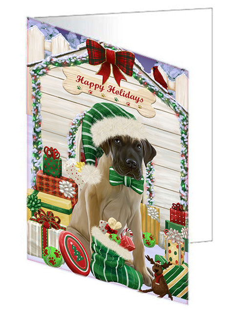 Happy Holidays Christmas Great Dane Dog House with Presents Handmade Artwork Assorted Pets Greeting Cards and Note Cards with Envelopes for All Occasions and Holiday Seasons GCD58304