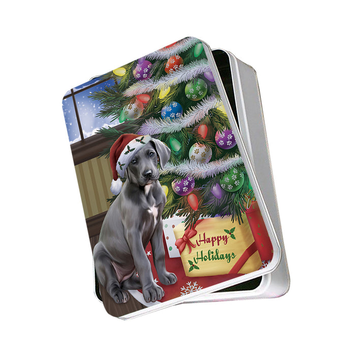 Christmas Happy Holidays Great Dane Dog with Tree and Presents Photo Storage Tin PITN53776