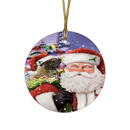 Santa Carrying Great Dane Dog and Christmas Presents Round Flat Christmas Ornament RFPOR53982