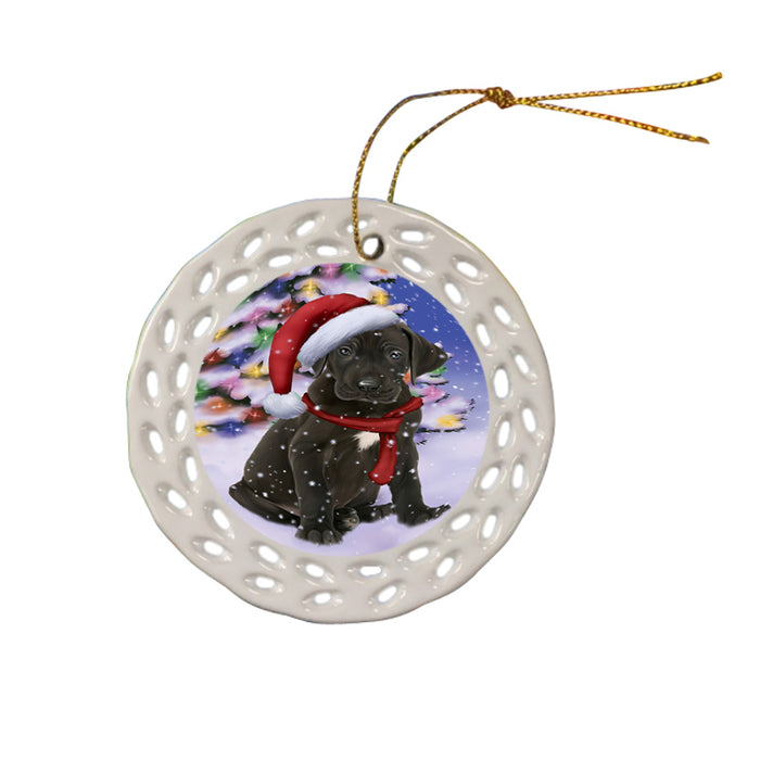 Winterland Wonderland Great Dane Dog In Christmas Holiday Scenic Background  Ceramic Doily Ornament DPOR53394