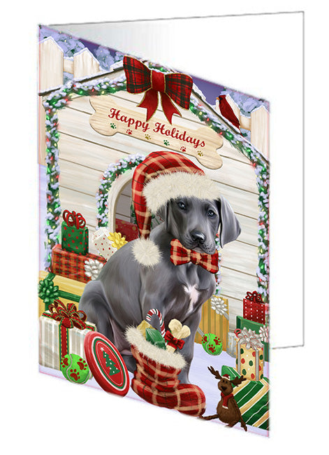 Happy Holidays Christmas Great Dane Dog House with Presents Handmade Artwork Assorted Pets Greeting Cards and Note Cards with Envelopes for All Occasions and Holiday Seasons GCD58307