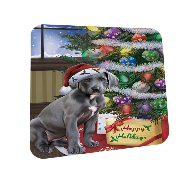 Christmas Happy Holidays Great Dane Dog with Tree and Presents Coasters Set of 4 CST53791