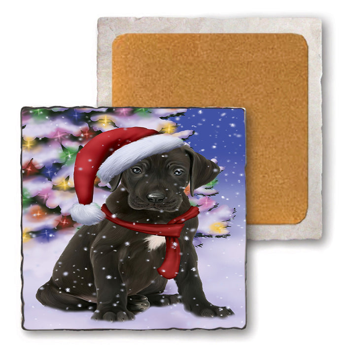 Winterland Wonderland Great Dane Dog In Christmas Holiday Scenic Background  Set of 4 Natural Stone Marble Tile Coasters MCST48394