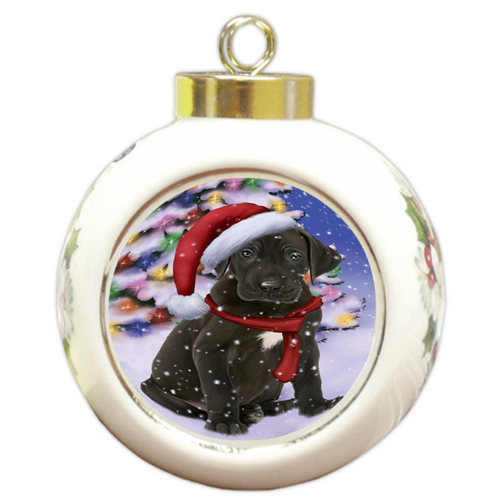 Winterland Wonderland Great Dane Dog In Christmas Holiday Scenic Background  Round Ball Christmas Ornament RBPOR53394