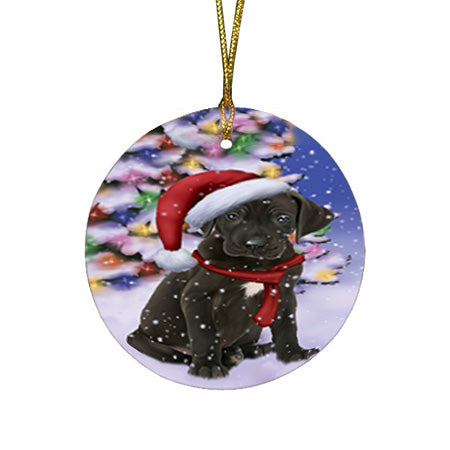 Winterland Wonderland Great Dane Dog In Christmas Holiday Scenic Background  Round Flat Christmas Ornament RFPOR53385