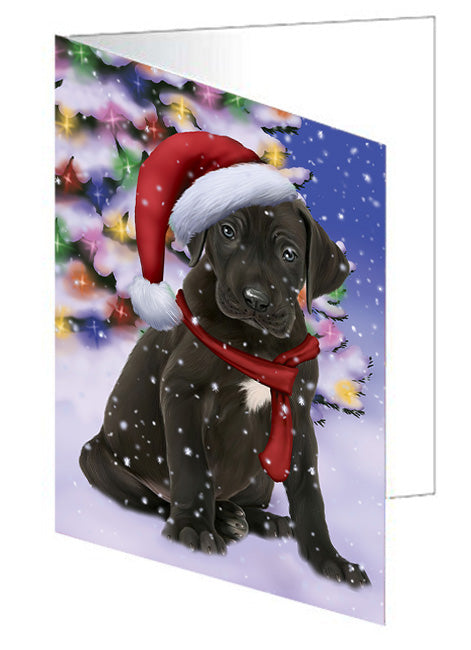 Winterland Wonderland Great Dane Dog In Christmas Holiday Scenic Background  Handmade Artwork Assorted Pets Greeting Cards and Note Cards with Envelopes for All Occasions and Holiday Seasons GCD64211